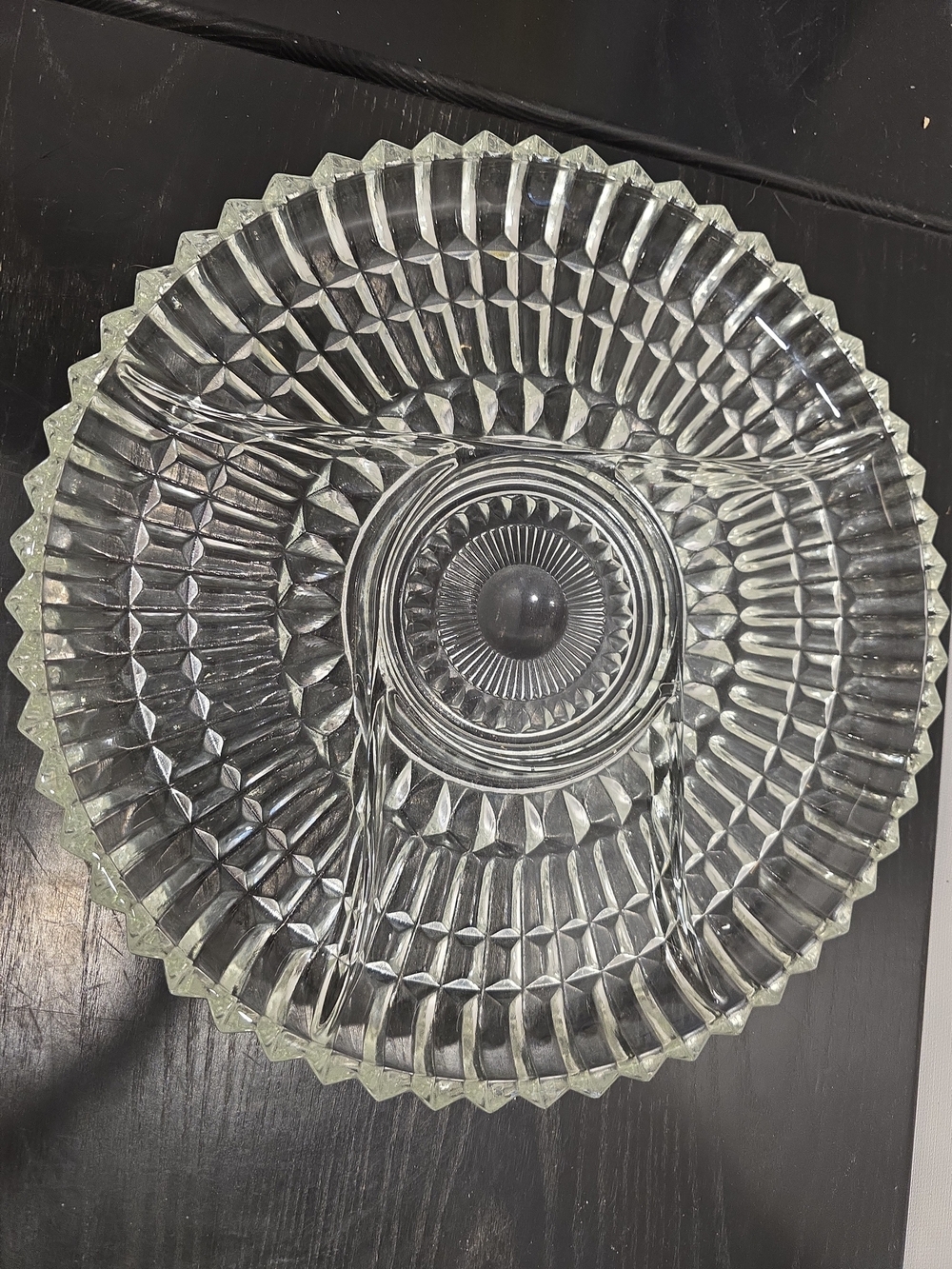 Clear Glass Divided Serving Bowl - Textured Pressed Glass